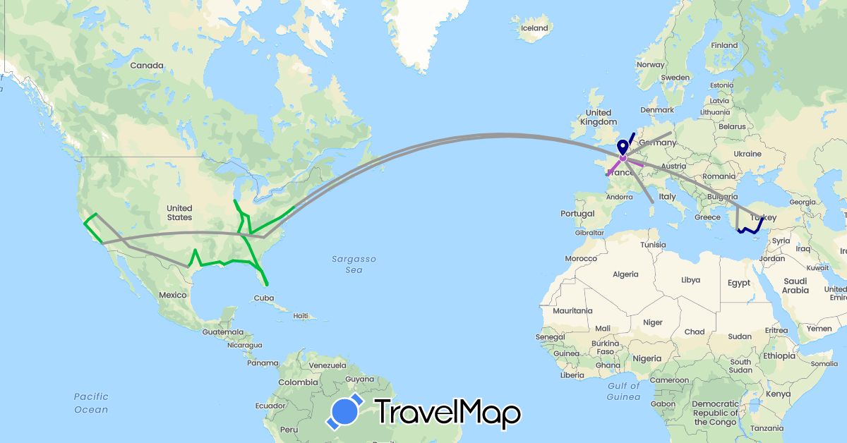 TravelMap itinerary: driving, bus, plane, train in Germany, France, Netherlands, Turkey, United States (Asia, Europe, North America)